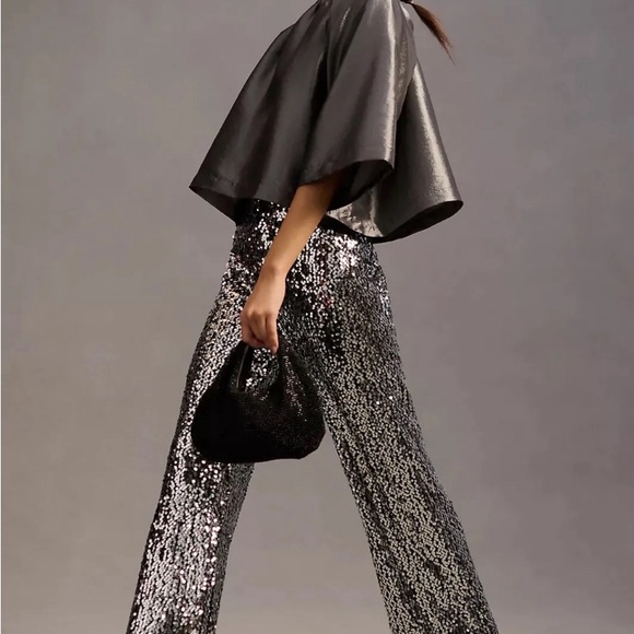 Anthropologie The Colette Cropped Wide-Leg Sequin Pants Silver Cocktail 26 NEW - Picture 2 of 8